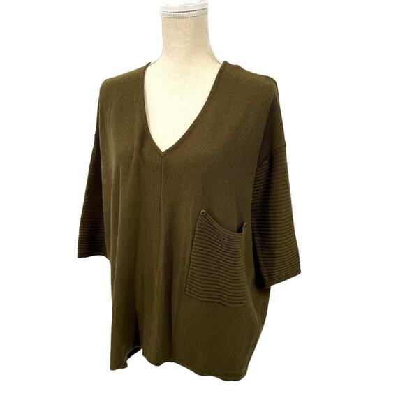 Kerisma Raven Top S/M Olive Green Knit Mercerized Wool V Neck Relaxed Minimalist - Picture 1 of 10
